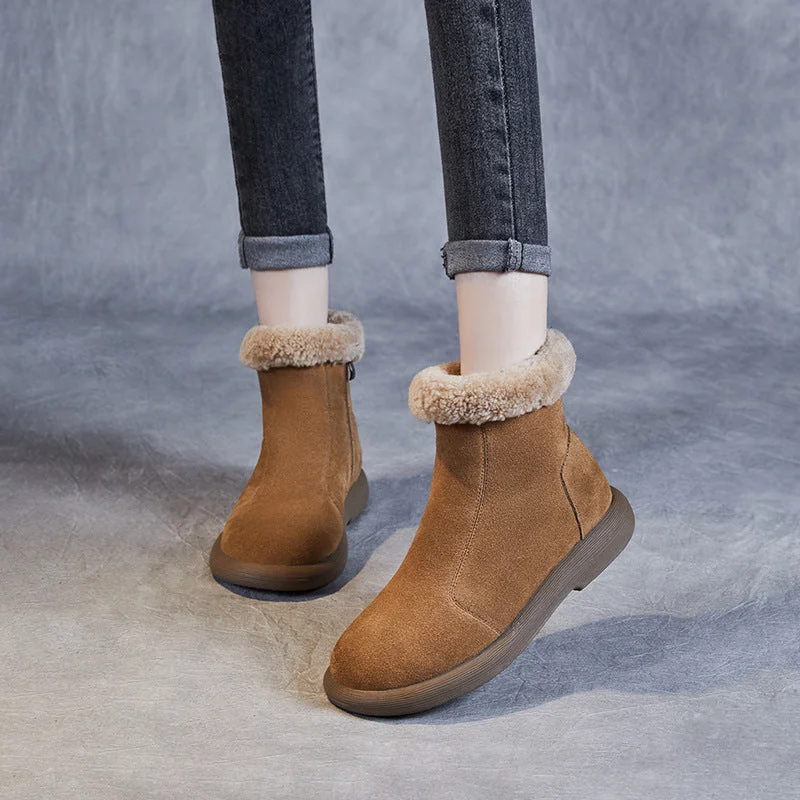 women's impact-absorbing work shoes-Women Retro Minimalism Solid Suede Flat Snow Boots