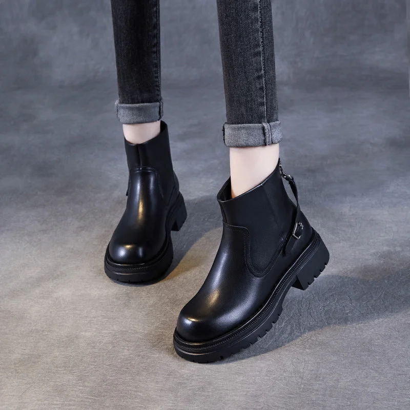 women's sleek Chelsea boots-Women Minimalism Solid Leather Ankle Snow Boots