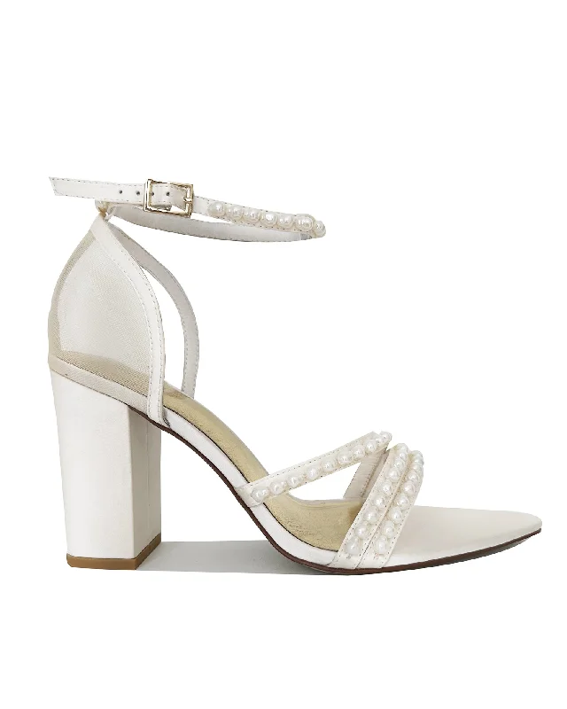 women's durable work sneakers-WILLOW - IVORY SATIN BRIDAL SANDALS WITH POINTED TOE AND PEARL STRAPS