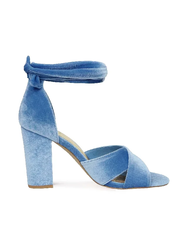 women's charcoal pointed-toe heels-PASSION - BLUE BLOCK HEEL WEDDING SHOES WITH VELVET TIES