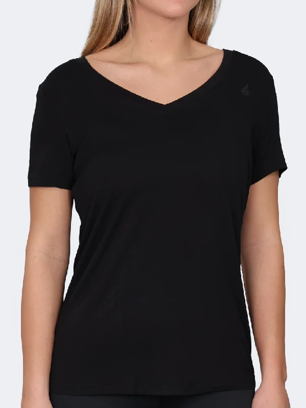 women’s cotton blouses-Oil And Gaz V Neck Plain Regular Fit Women Lifestyle T-Shirt Black