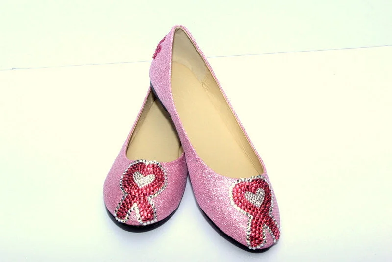 women's velvety casual flats-Breast Cancer Heart Ribbon-Custom Crystal Flats