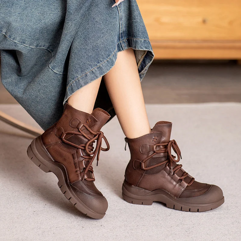 women's garnet velvet heels-Women Vintage Soft Leather Lace-up Ankle Boots