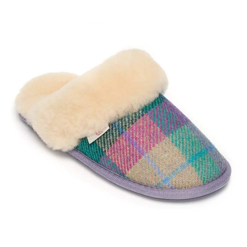 women's multi-terrain trail boots-Kate - Harris Tweed Mule - Lilac / Blue check