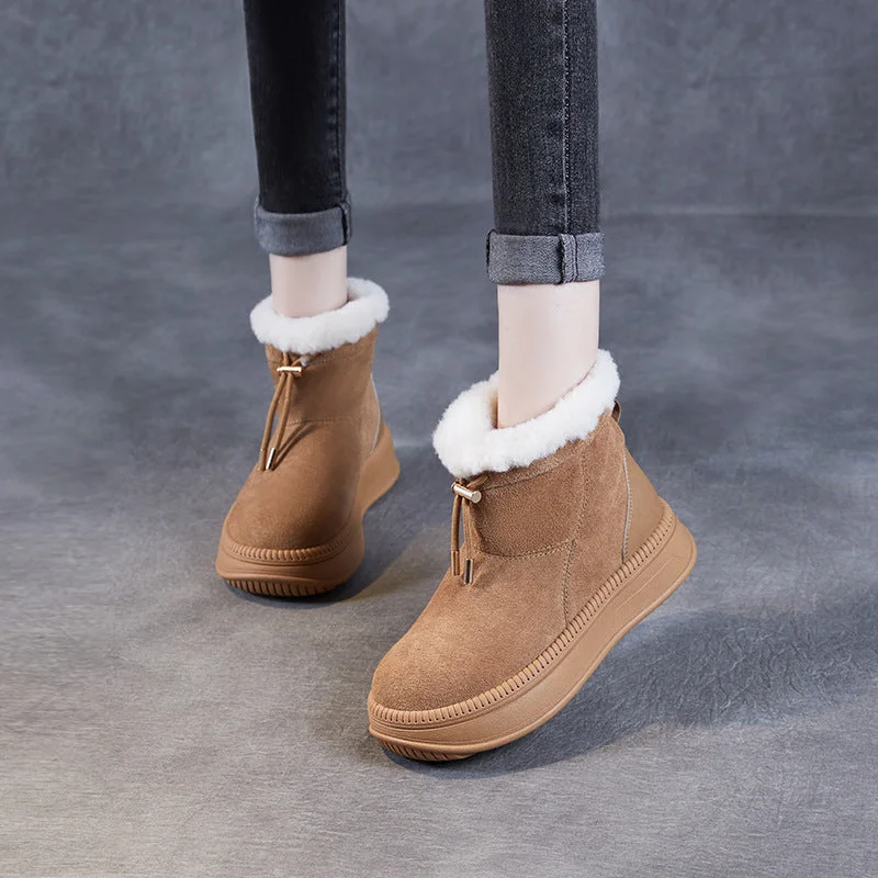 women's patterned rain boots-Women Minimalism Solid Suede Lace-up Ankle Snow Boots