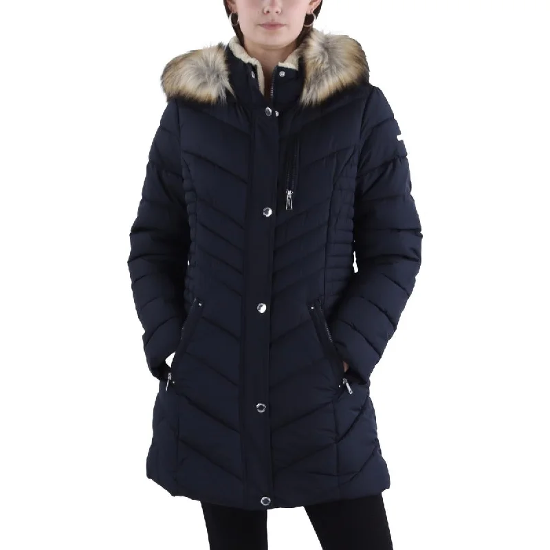 ladies avant-garde rompers-Laundry by Shelli Segal Womens Faux Fur Trim Hooded Puffer Jacket