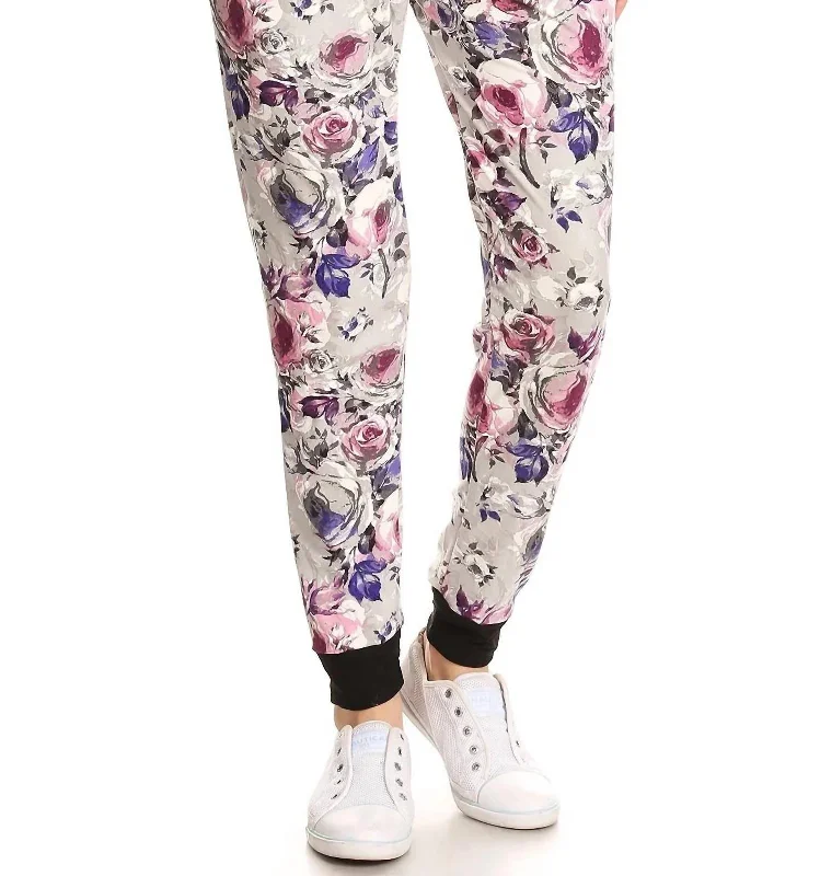 female mesh tops-Grey Floral Jill Jogger Pants In White