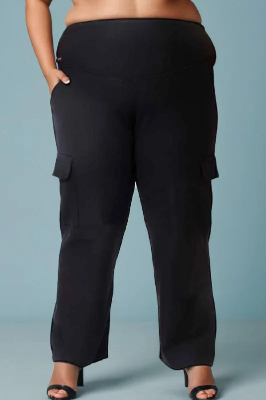 women’s relaxed denim-Black Tummy Shaper Cargo Pants