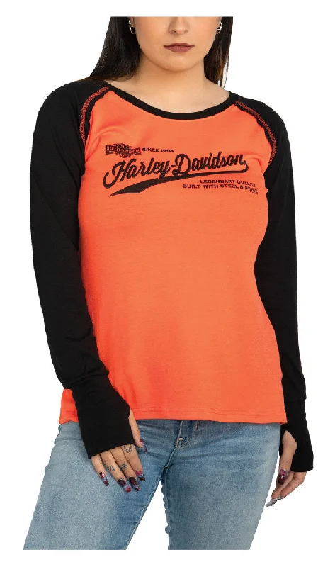 ladies cashmere vests-Harley-Davidson® Women's Transit Colorblocked Long Sleeve Raglan Tee-Orange/Black - 40290748