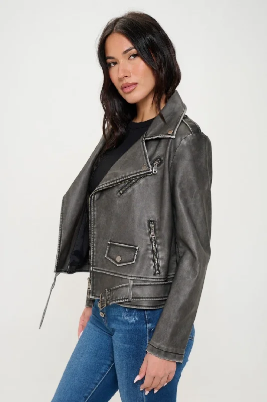 women’s loose pullovers-Zip Up Biker Jacket with Belt