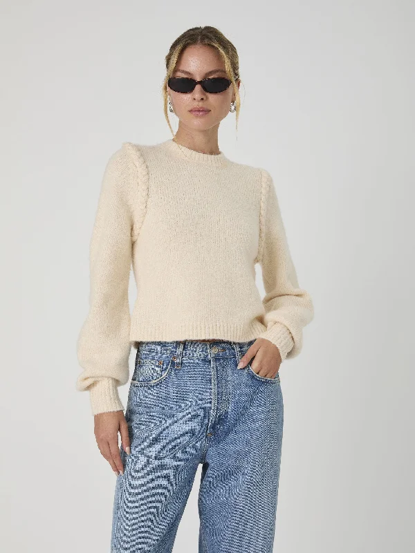 women’s flutter tops-Fluffy Knit Braided Detail Sweater