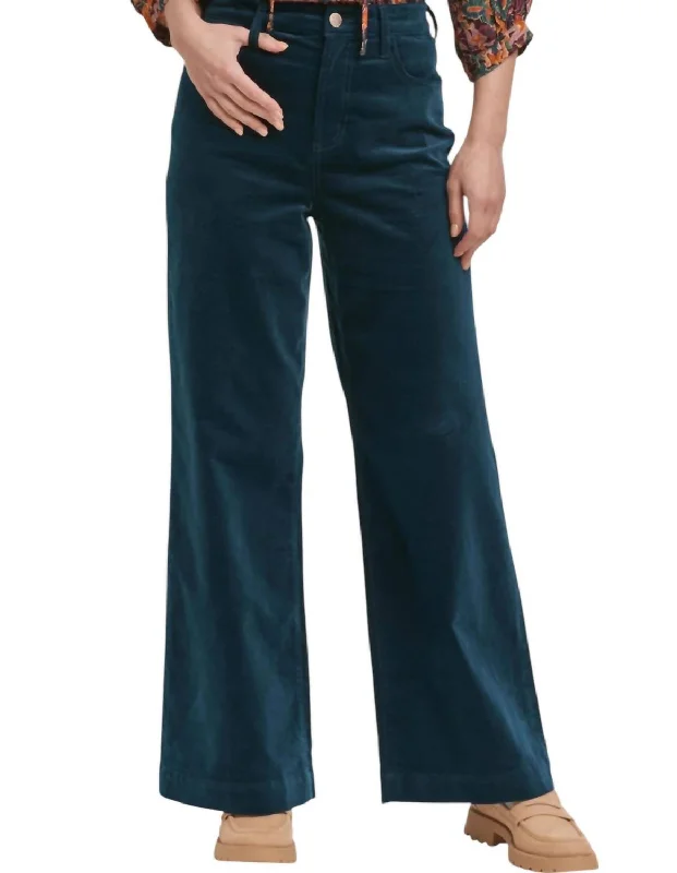 female beach coveralls-Audrey Full Inseam Wide Leg Pants In Teal Velveteen