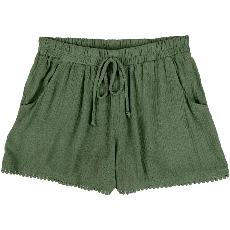 female studded blouses-Be Bop Juniors' Solid Challis Pom Pom Trim Shorts Olive Size Medium