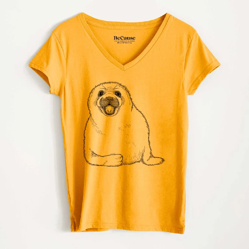 women’s houndstooth shirts-Harp Seal Pup - Pagophilus groenlandicus - Women's 100% Recycled V-neck