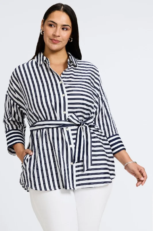 ladies peep-toe flats-Avery Plus Double Stripe 3/4 Sleeve Shirt