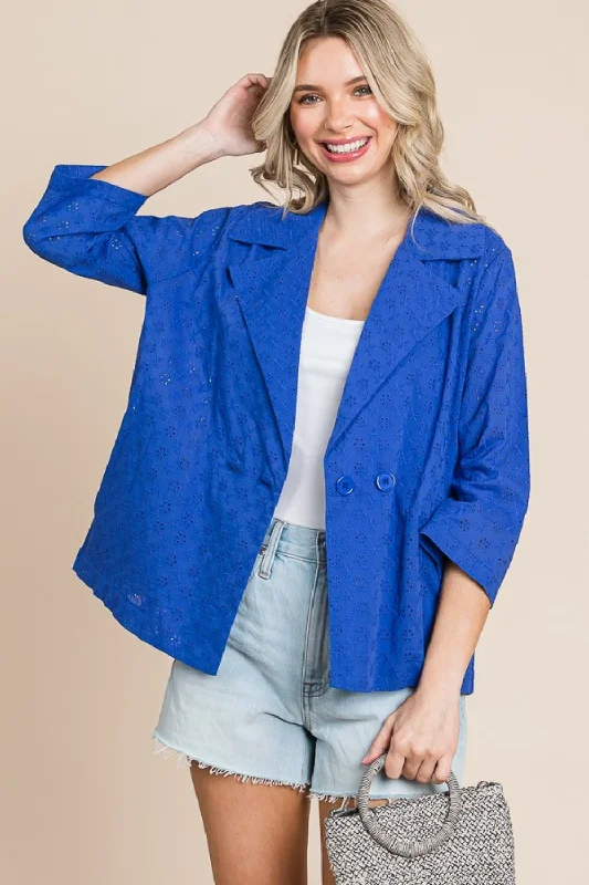 women’s vintage jeans-Double Breasted Eyelet Jacket with Pockets