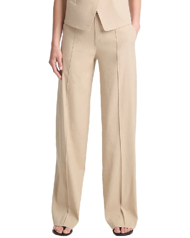 ladies silk pullovers-Vince High Waisted Pintuck Linen-Blend Wide Leg Pant