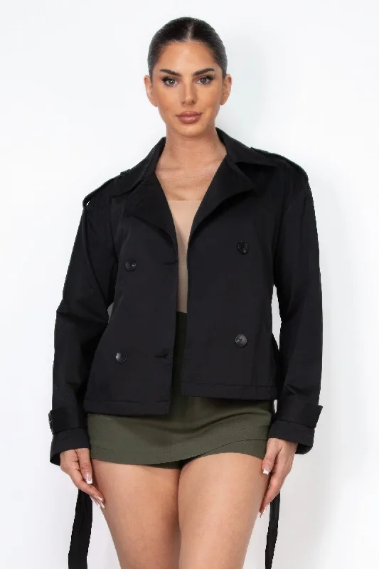 women’s fleece coats-Double-breasted Waist-tie Trench Coat