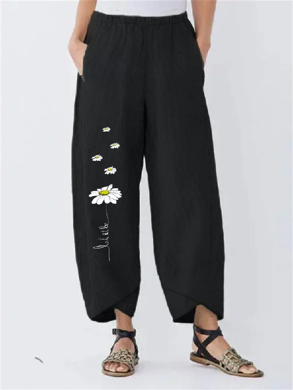 women’s mock-neck tops-Daisy Print Elastic Waist Casual Pants