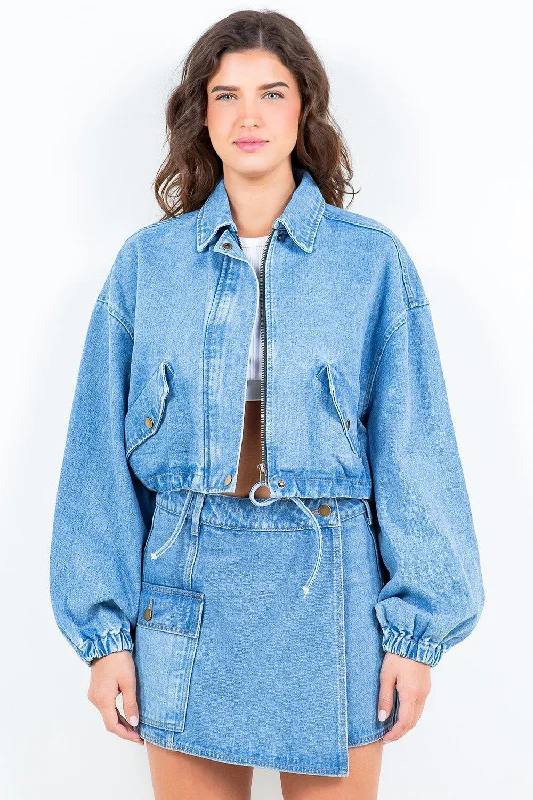 female swim coveralls-Drawstring Waist Crop Denim Jacket