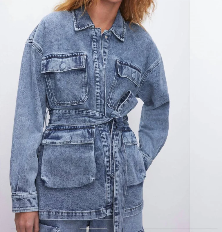 female denim tiered skirts-Uniform Denim Cargo Jacket In Blue Denim