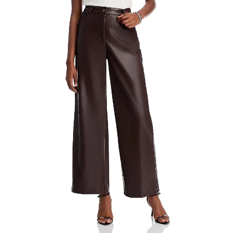 women’s satin mini dresses-Lucy Paris Womens High Rise Faux Leather Wide Leg Pants