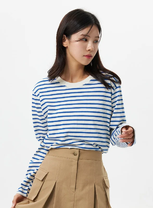 women’s round-neck blouses-Stripe Cotton Long Sleeve Top OS321