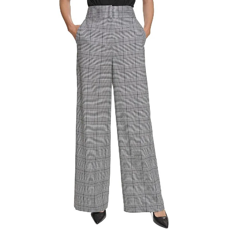 women’s herringbone tops-Calvin Klein Womens Plaid High Rise Wide Leg Pants