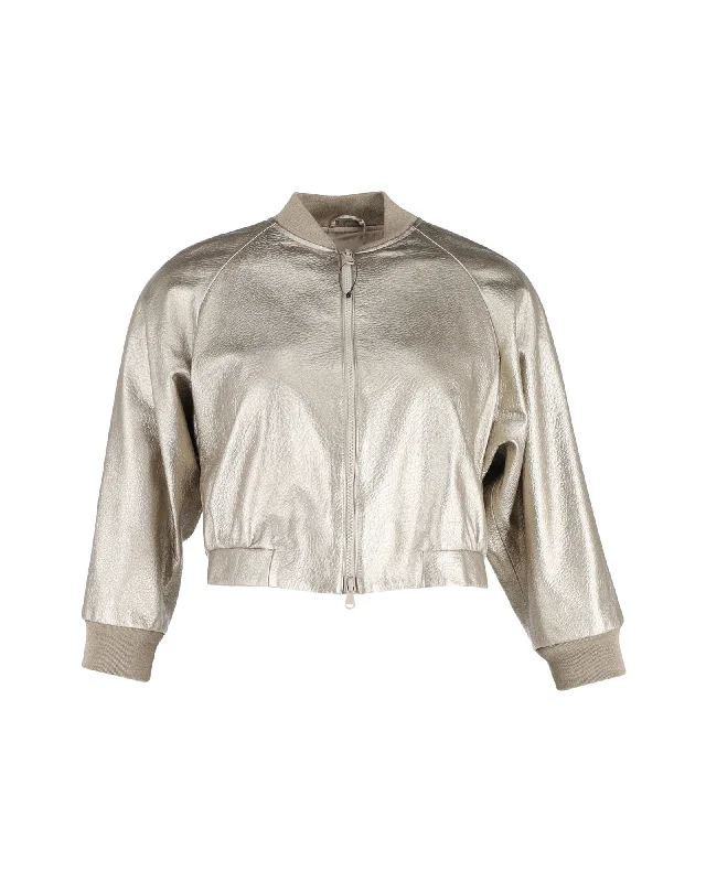 female denim vests-Brunello Cucinelli Cropped Bomber Jacket in Gold Leather