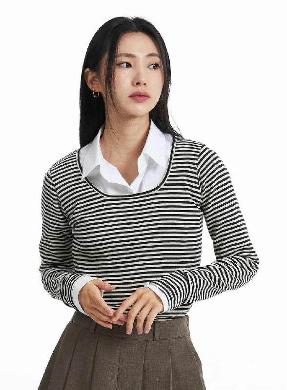 women’s textured sweaters-U-Neck Stripe Long Sleeve Tee OO319