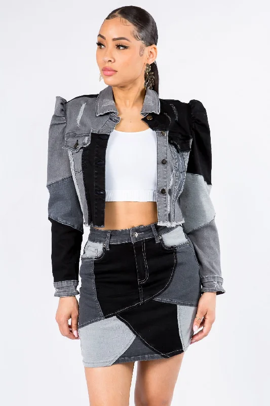 female ribbed tanks-Button Up Cropped Patchwork Denim Jacket