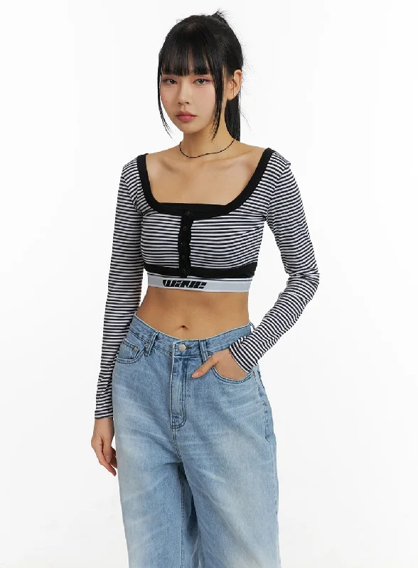 female silk tops-Round Neck Striped Long Sleeve Crop Top CM407