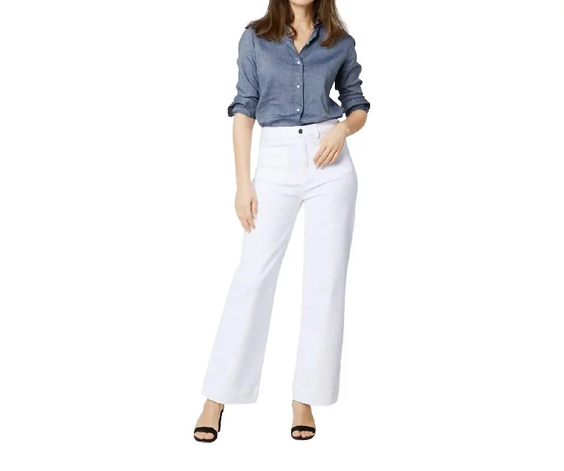 ladies playful rompers-Column Patch Pocket Jean In White Stretch Denim