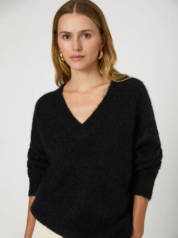 women’s pilates tops-Fluffy Knit V Neck Oversized Sweater