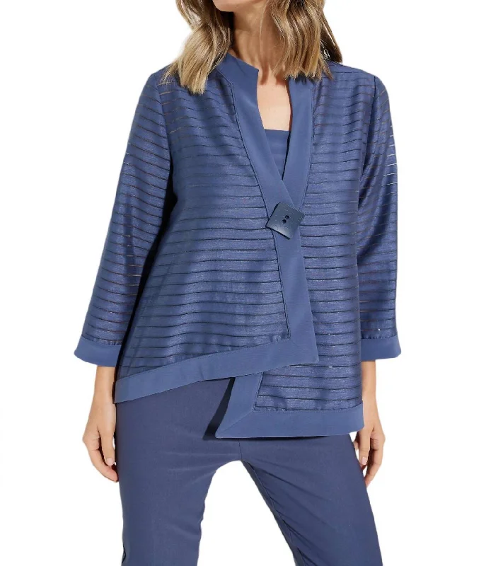 women’s utility bombers-Striped Three-Quarter Sleeve Jacket In Mineral Blue