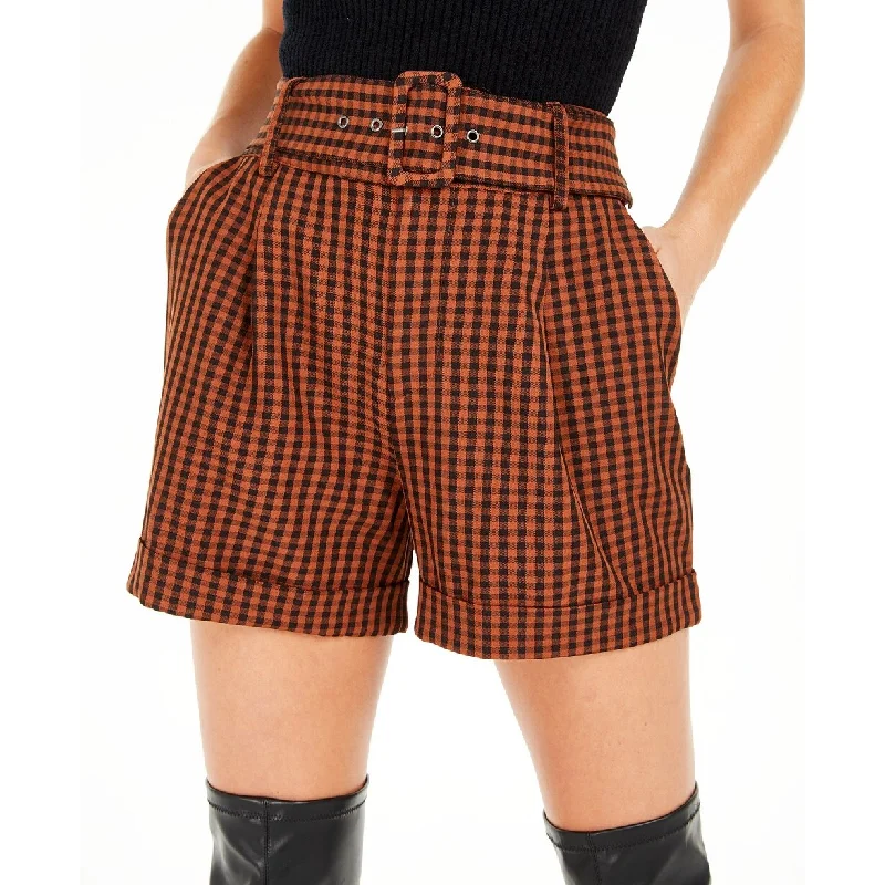 ladies edgy rompers-Bar III Women's Becca Tilley X Powersuit Gingham Belted Shorts Brown Size 10