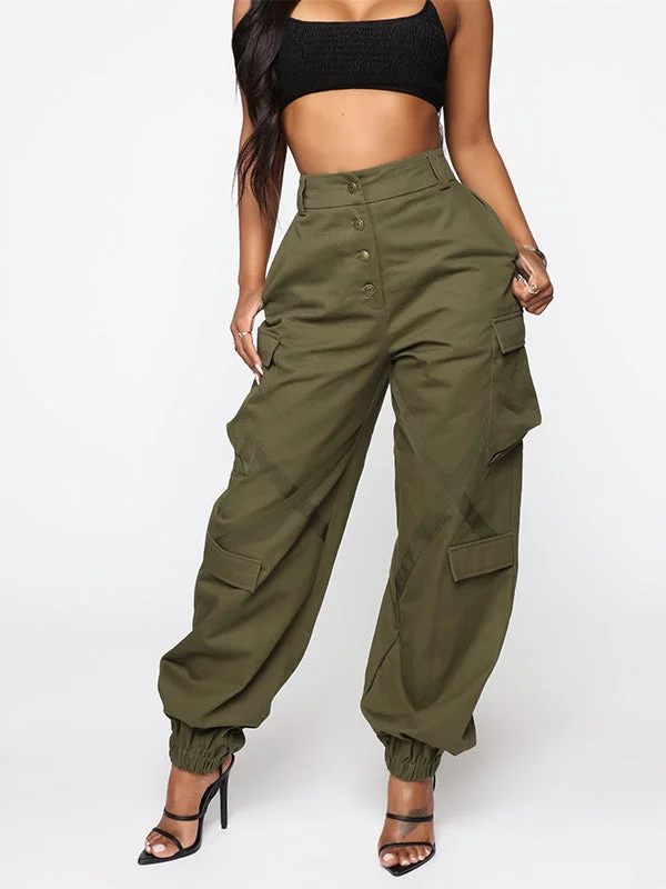 women’s tailored joggers-Casual Single Breasted Utility Pocket Cargo Pants