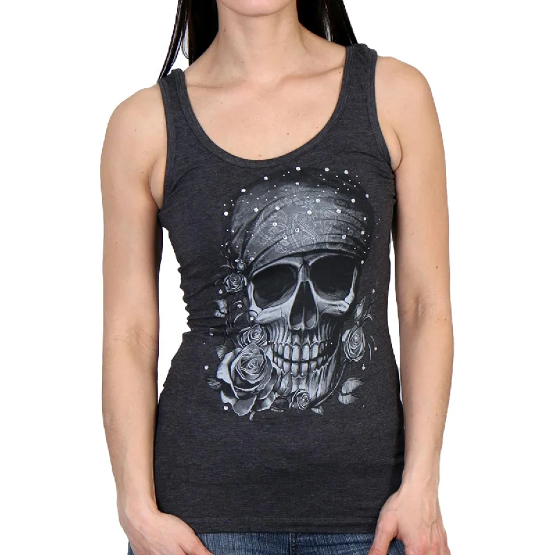 female corduroy vests-Hot Leathers GLC2378 Skull Bandana Tank Top Shirt with Rhinestones in Heather Charcoal Color