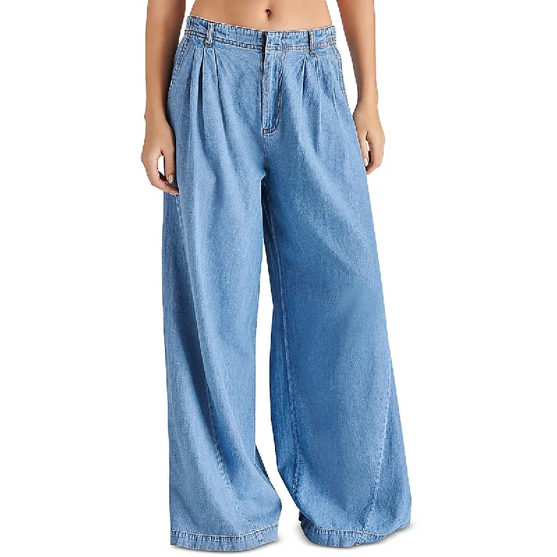 women’s pilates tops-Womens Pleated Denim Wide Leg Pants