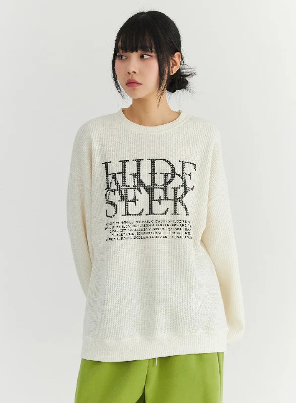 women’s mock-neck pullovers-Waffle Graphic Long Sleeve Tee CN301