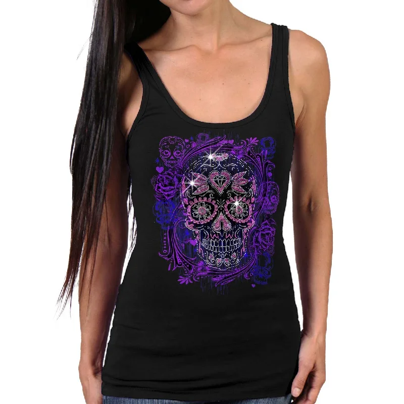 women’s pilates tops-Hot Leathers GLR2562 Ladies Black Sugar Skull Bling Tank Top Shirt