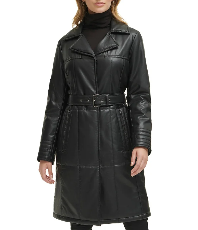 women’s herringbone tops-Quilted Faux Leather Belted Trench