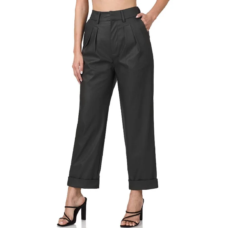 Vegan Leather Pleat Front Pants In Black