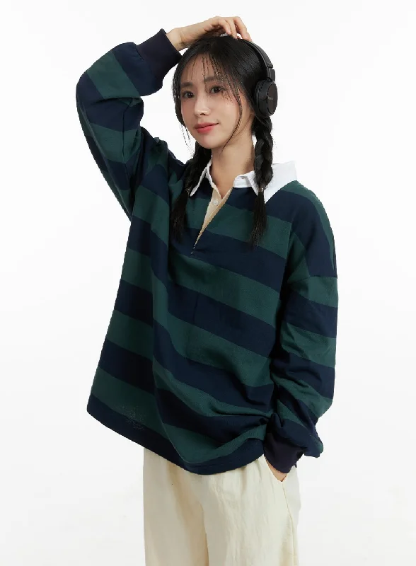 women’s draped pullovers-Oversized Collar Striped Button Long Sleeve OM408