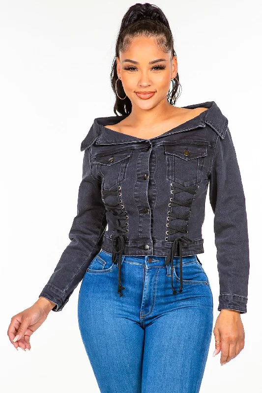 female crystal blouses-Off Shoulder Lace Up Denim Jacket