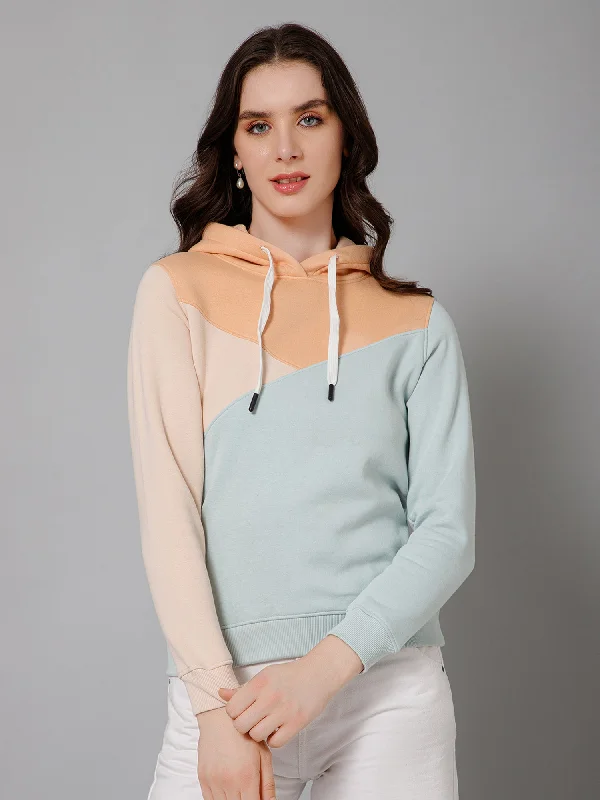 women’s cropped pullovers-Women's Casual  Mint  Regular Full Sleeve  Color block Pullover Hoodie Sweatshirt