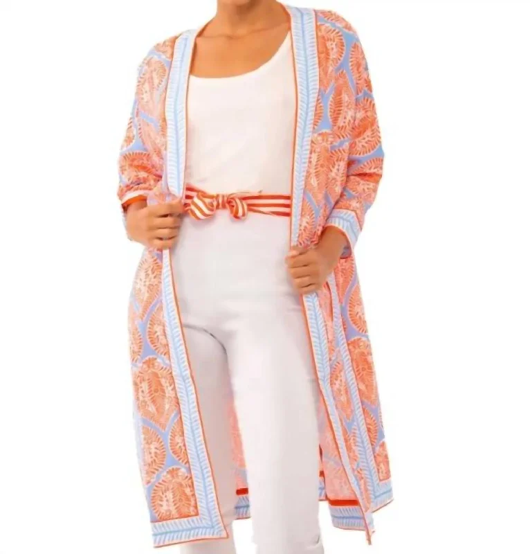 female crystal tops-Poly Crepe Kimono Jacket - Indian Summer In Periwinkle/orange