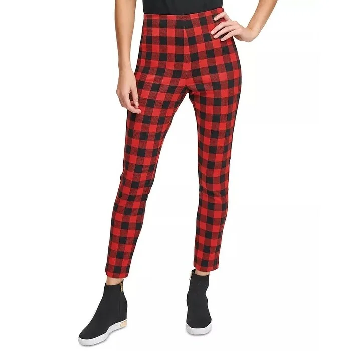 women’s straight culottes-DKNY Women's Plaid Pull-On Leggings Bright Red Size Extra Small