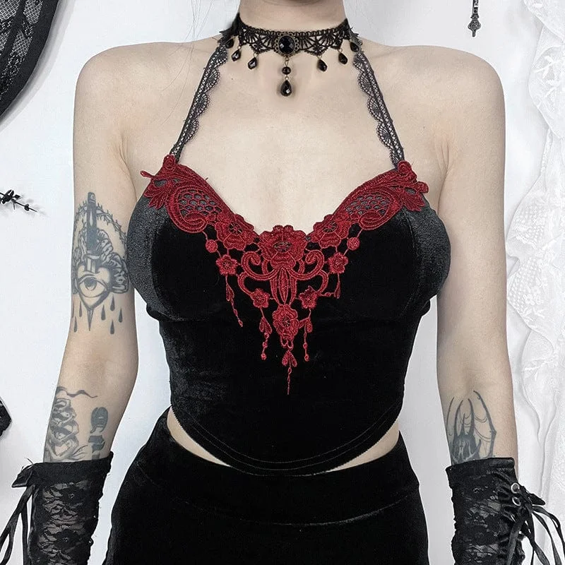 ladies playful jumpsuits-Women's Gothic Lace Splice Halterneck Tank Top