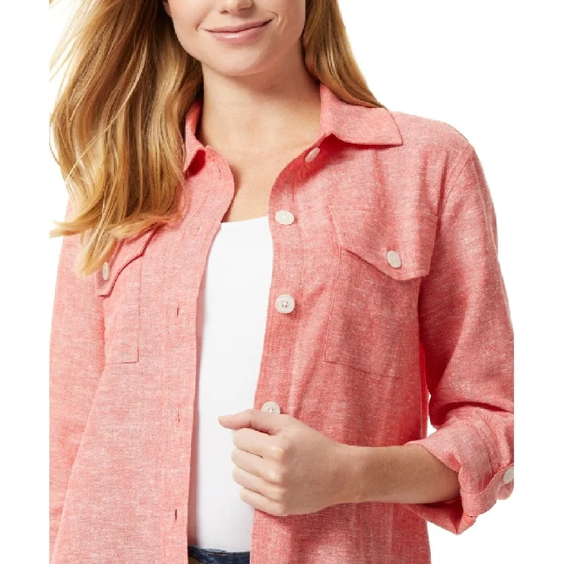 ladies satin pullovers-Jones New York Women's Shacket With Rolled Tab Jacket Red Size Medium